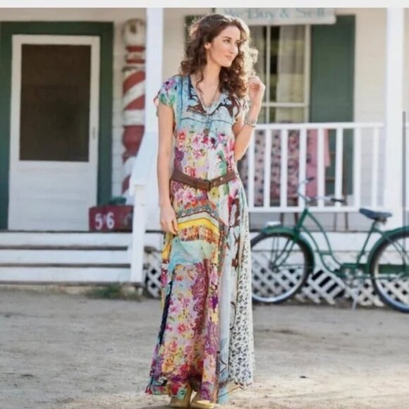 💕JOHNNY WAS💕 Tropic Georgette 100% Silk Maxi Dress ~ Patchwork Print 2X NWT - Picture 3 of 16